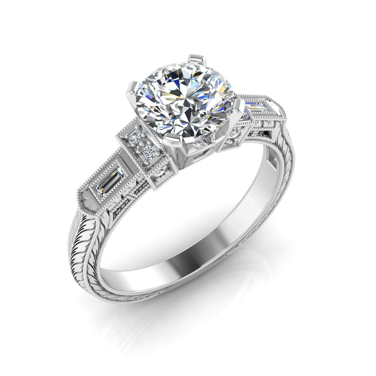 Vintage Inspired Petite Diamond Engagement Ring with Baguettes by Jolie Designs