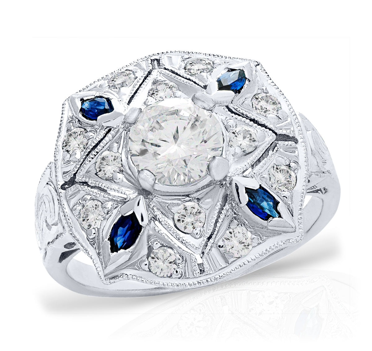 4 Point Star Diamond Engagement Ring with Blue Sapphire Marquees | Jolie Designs