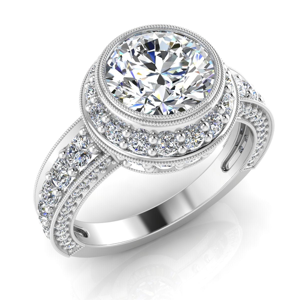 Modern Circular Diamond Halo Engagement Ring with Side Stones by Jolie Designs