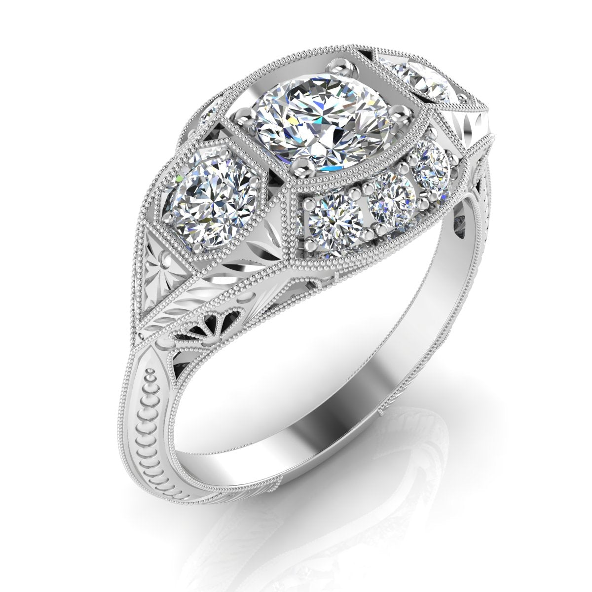Antique Inspired Three Stone Diamond Ring with Mill Graining by Jolie Designs