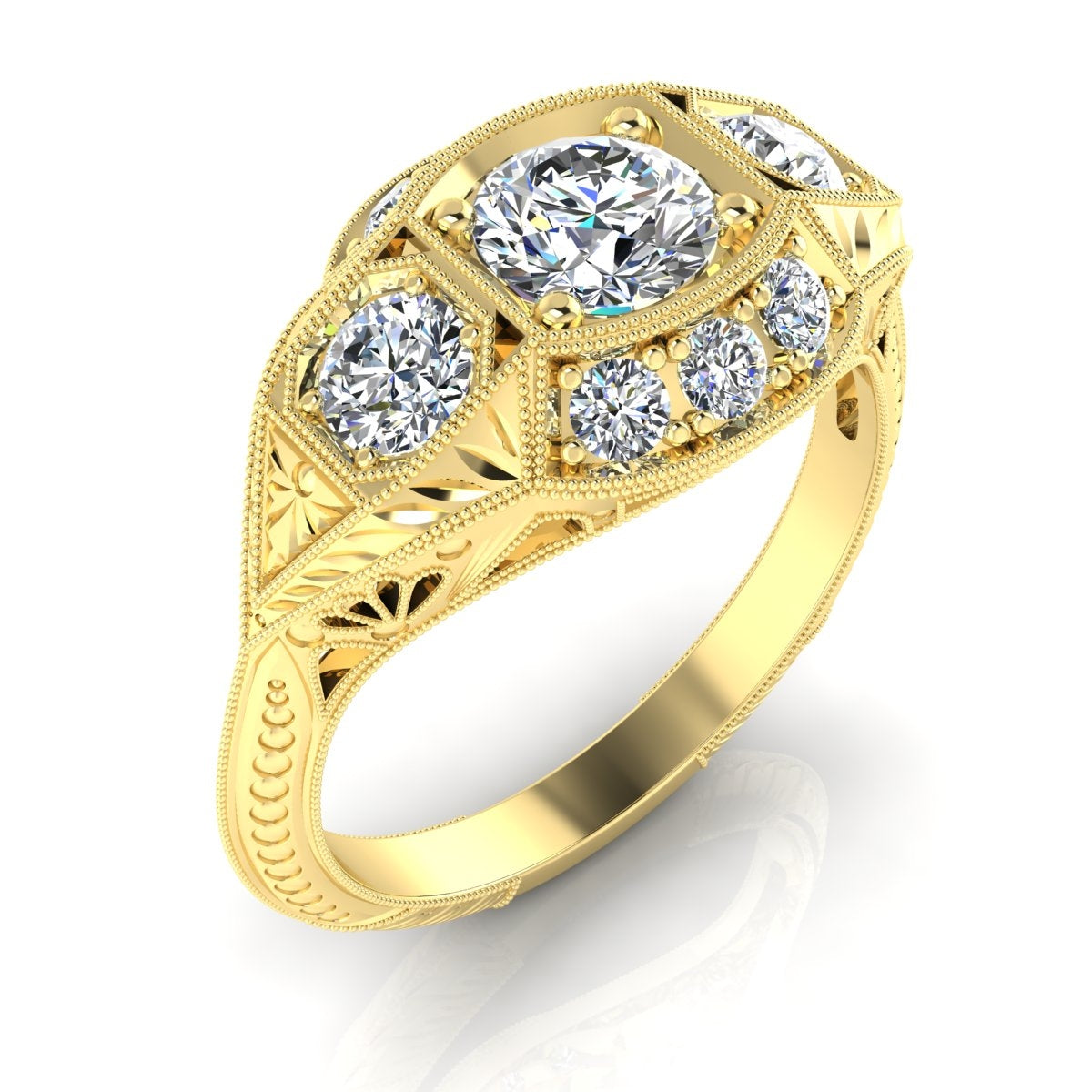 Antique Inspired Three Stone Diamond Ring with Mill Graining by Jolie Designs