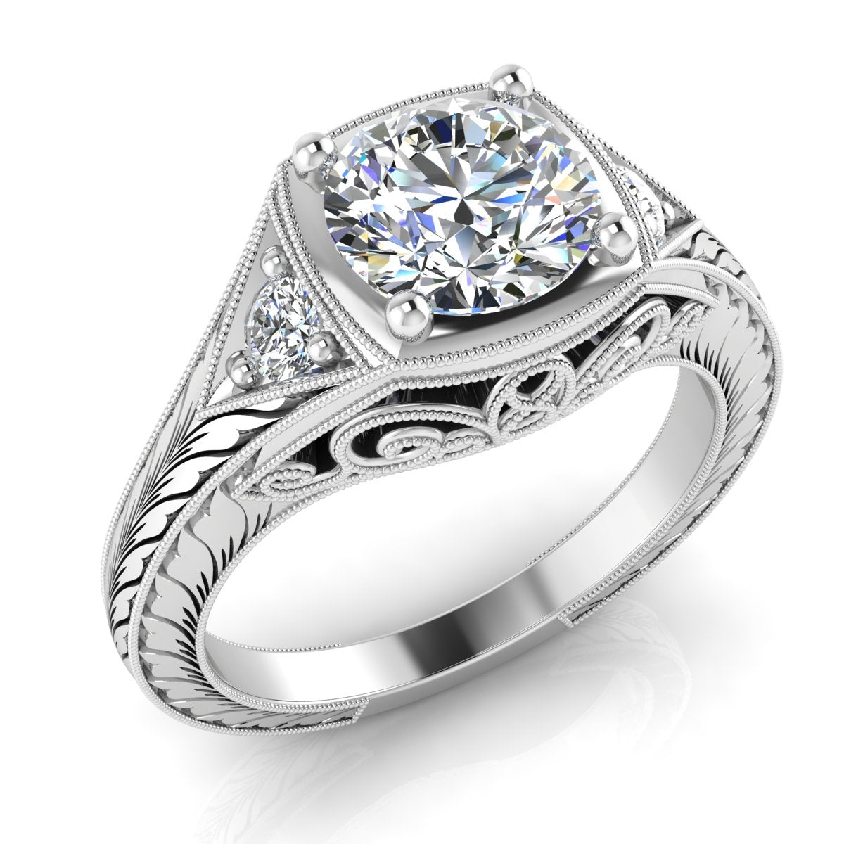 Vintage Inspired Petite Diamond Engagement Ring with Hand Engraving by Jolie Designs