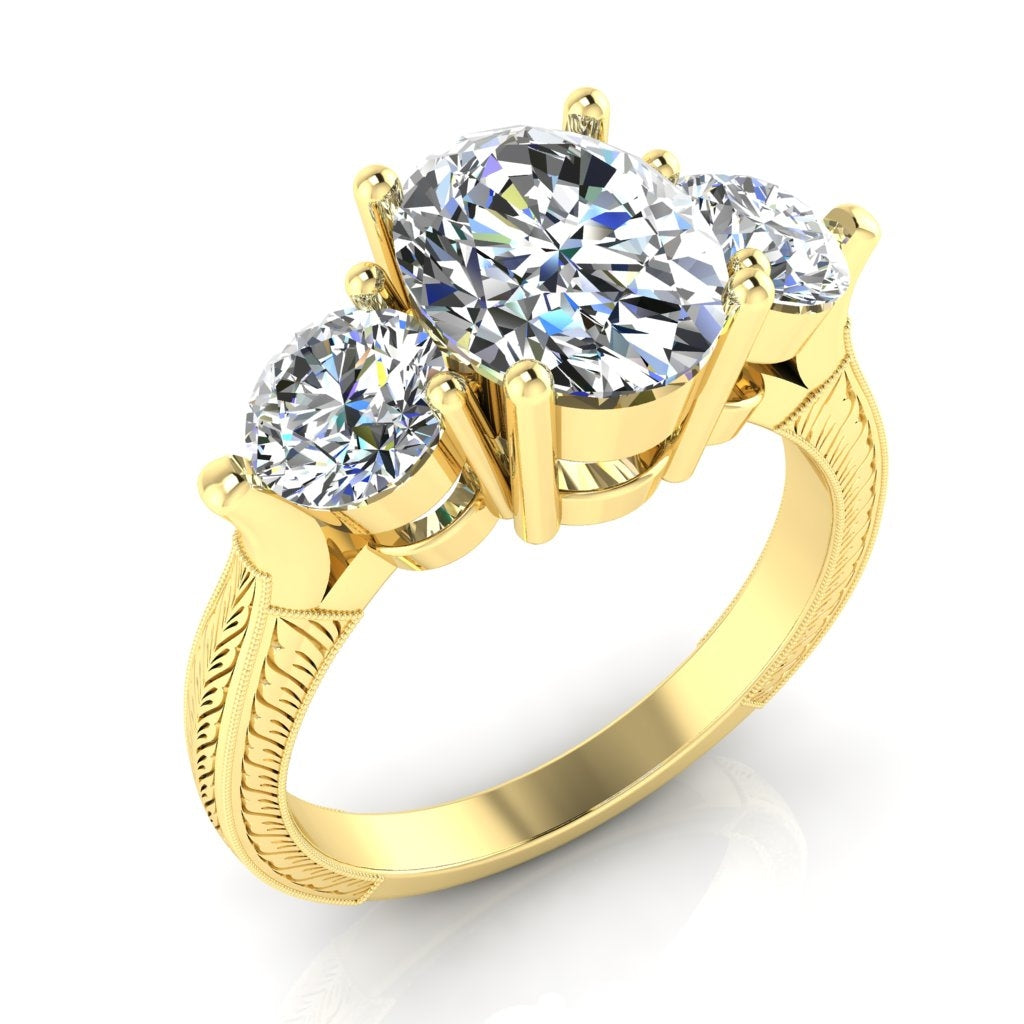 Antique Inspired Oval Three Stone Engraved Ring by Jolie Designs