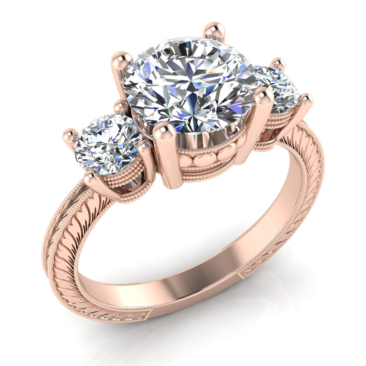 Antique Inspired Three Stone Milgrain Engraved Ring by Gordon Clark