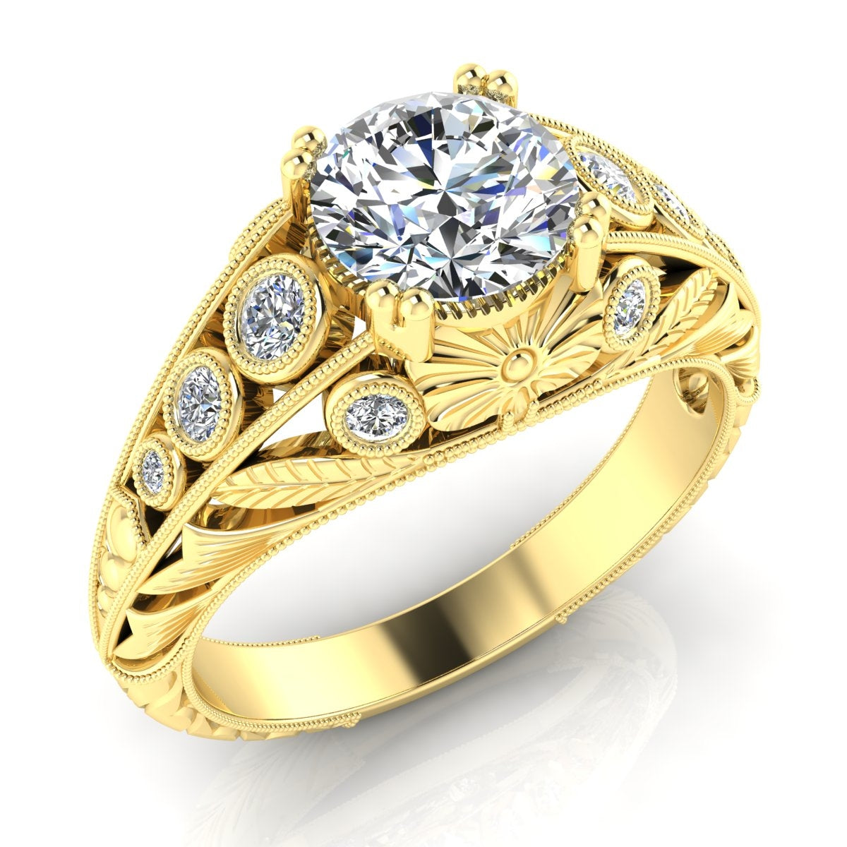 GORDON CLARK- Engagement Ring. Antique Inspired Art Deco Bezel Set RD Diamonds and leaves pattern.