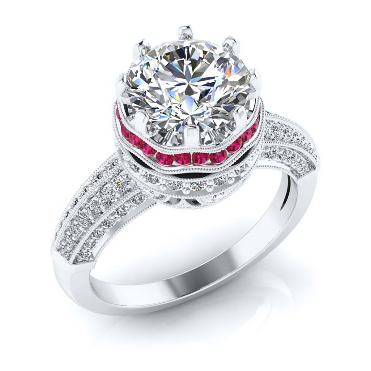 Gordon Clark Vintage Inspired Diamond Engagement Ring with Ruby Halo for 8mm Center by Jolie Designs