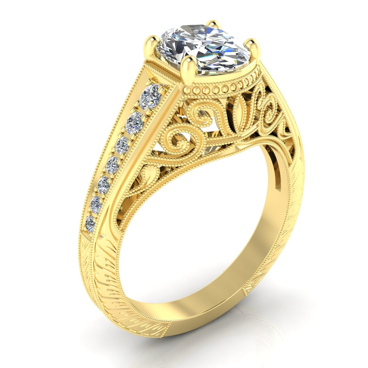 Gordon Clark Vintage Scrollwork Milgrain Oval Diamond Engagement Ring by Jolie Designs