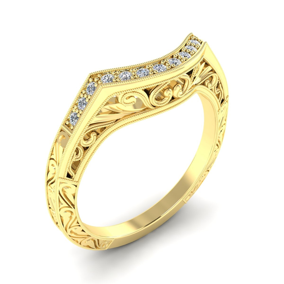 Classic Inspired Diamond Guard Band with Mill Graining and Scroll Engraving by Jolie Designs