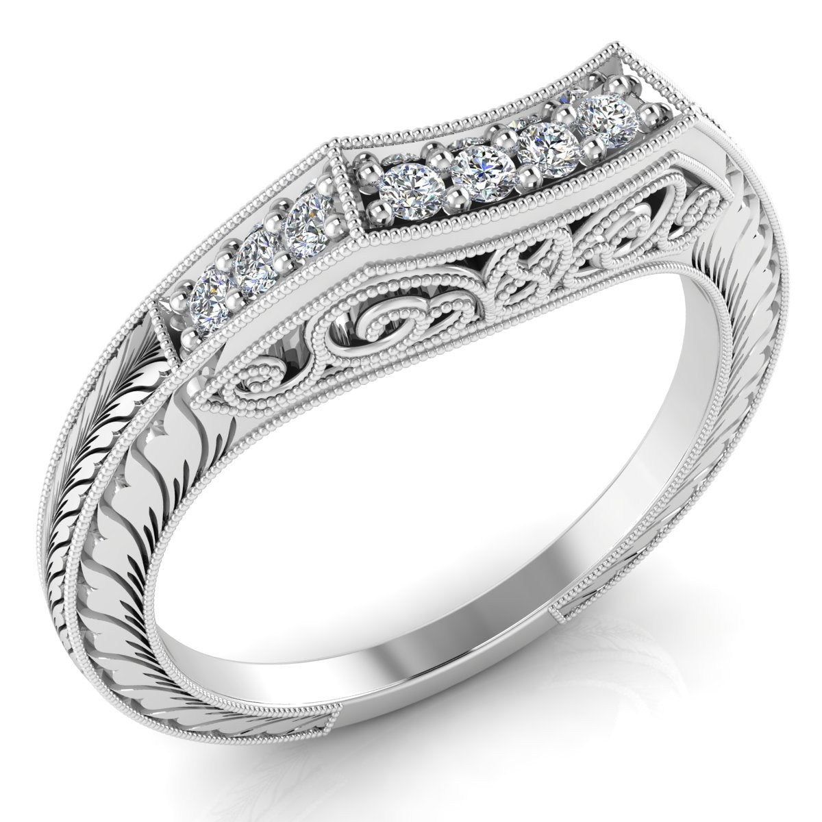 Vintage Inspired Petite Diamond Engagement Ring with Hand Engraving by Jolie Designs