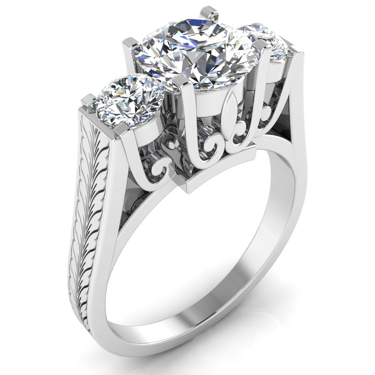 Antique Inspired Three Stone Fleur de Li Engraved Ring by Jolie Designs