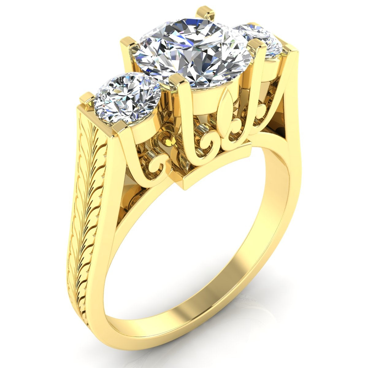 Antique Inspired Three Stone Fleur de Li Engraved Ring by Jolie Designs