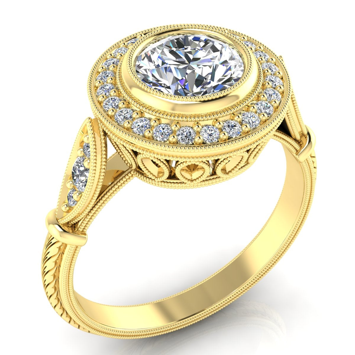 Antique Classic Diamond Halo Engagement Ring with Hand Engraving by Jolie Designs