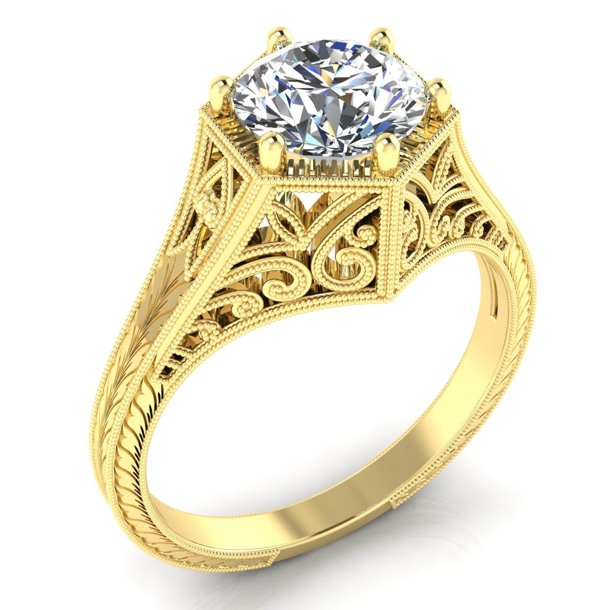 Antique Inspired Octagon Engraved Solitaire Engagement Ring by Jolie Designs
