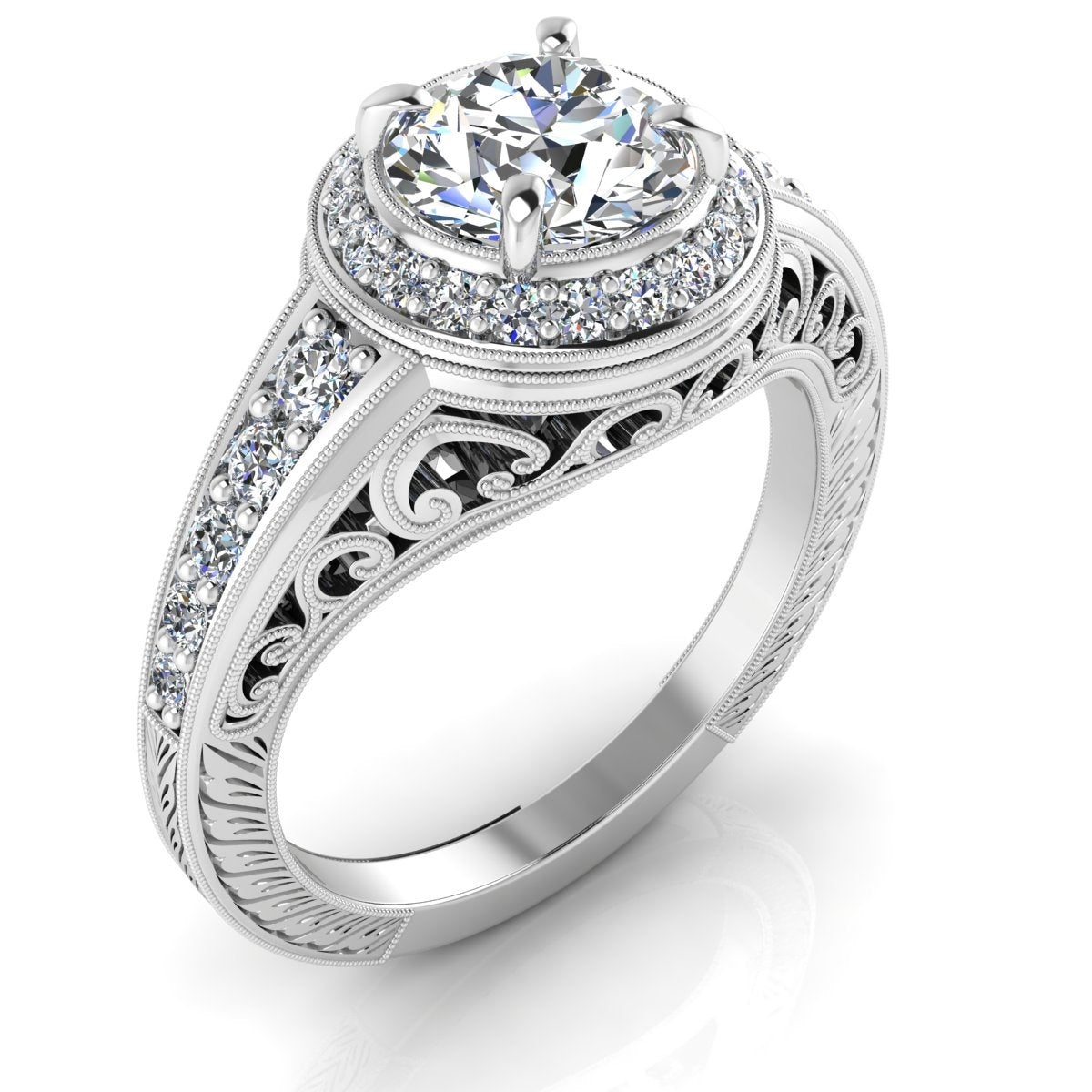 Classic Style Diamond Halo Engagement Ring with Filigree and Engraving by Jolie Designs