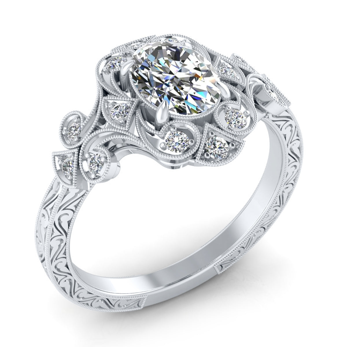 Gordon Clark Vintage Inspired Oval Diamond Engagement Ring with Scrollwork by Jolie Designs