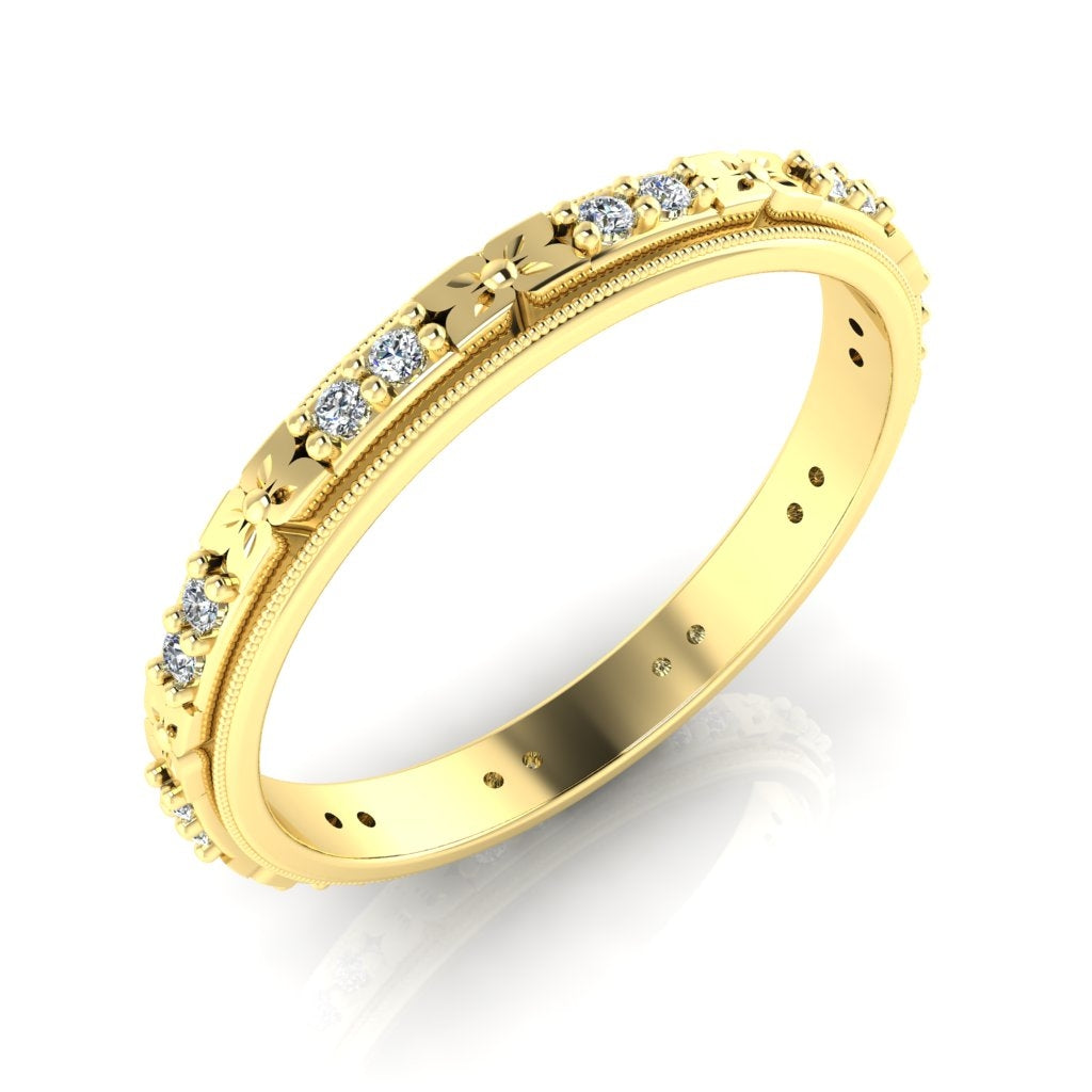 White Gold Decorative Flower Diamond Eternity Band with Milgrain Edge by Jolie Designs