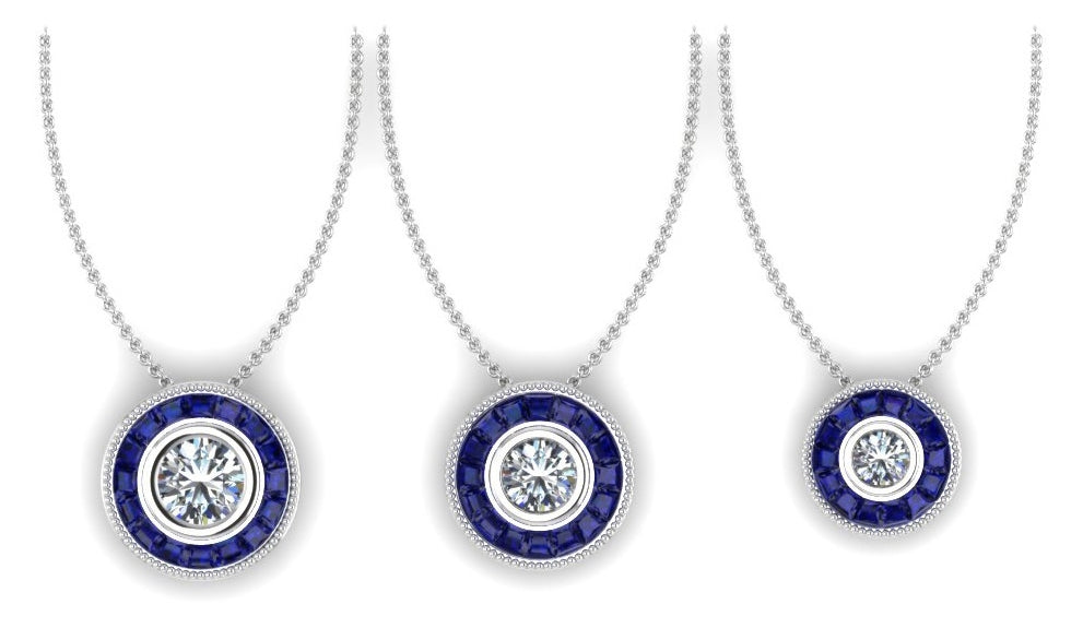 Round Blue Sapphire Halo Milgrain Pendant Semimount by Jolie Designs