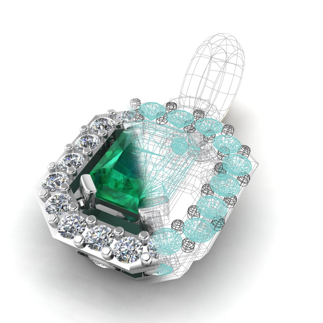 Custom Emerald and Diamond Pendant with Edge Details by Jolie Designs