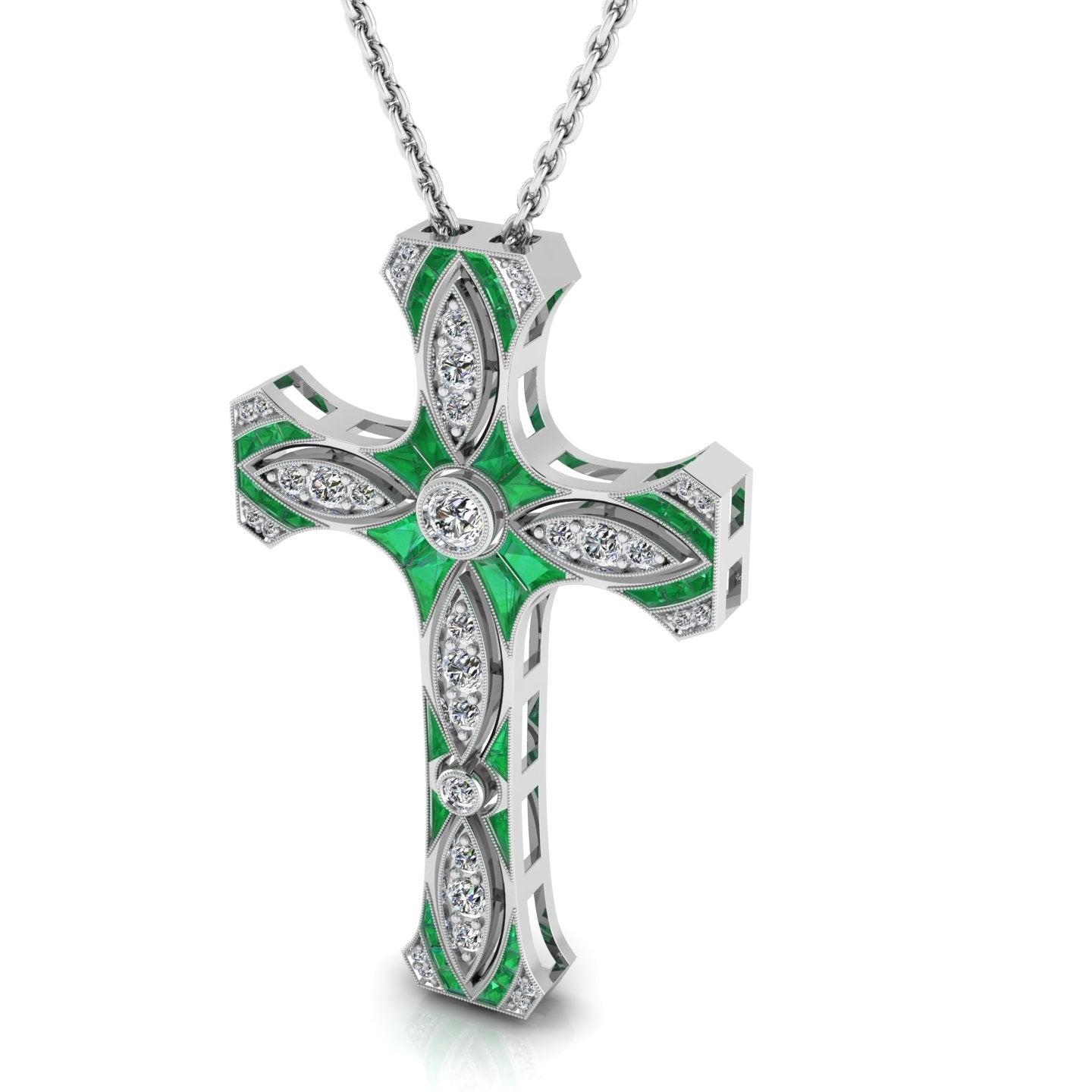Custom Cut Emerald & Diamond Cross Pendant with Milgrain by Jolie Designs