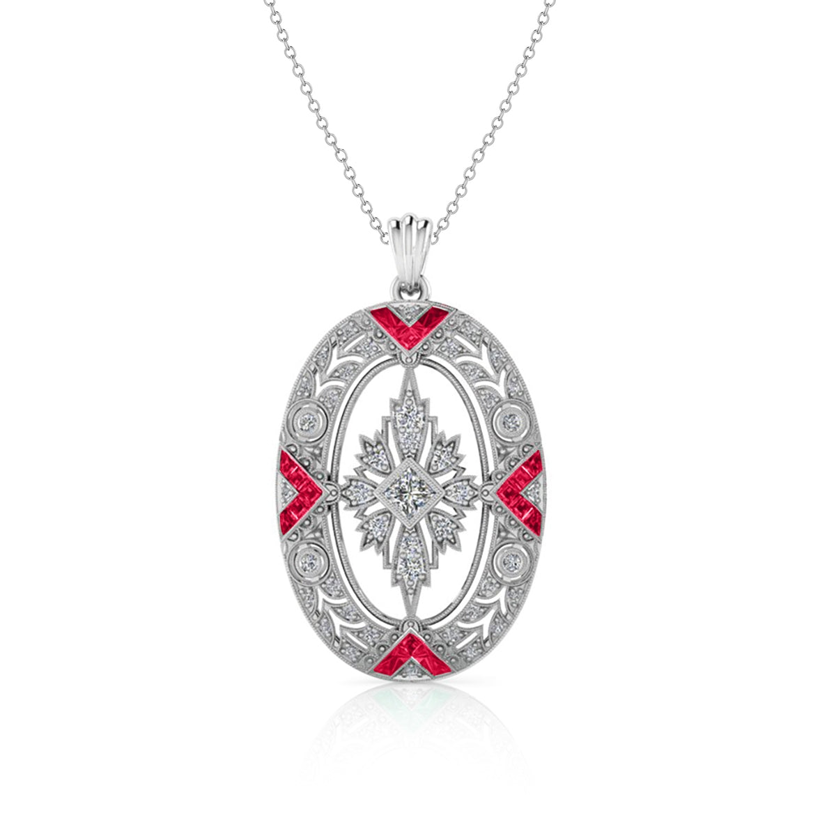 Vintage Inspired Custom Cut Ruby and Diamond Milgrain Pendant by Jolie Designs