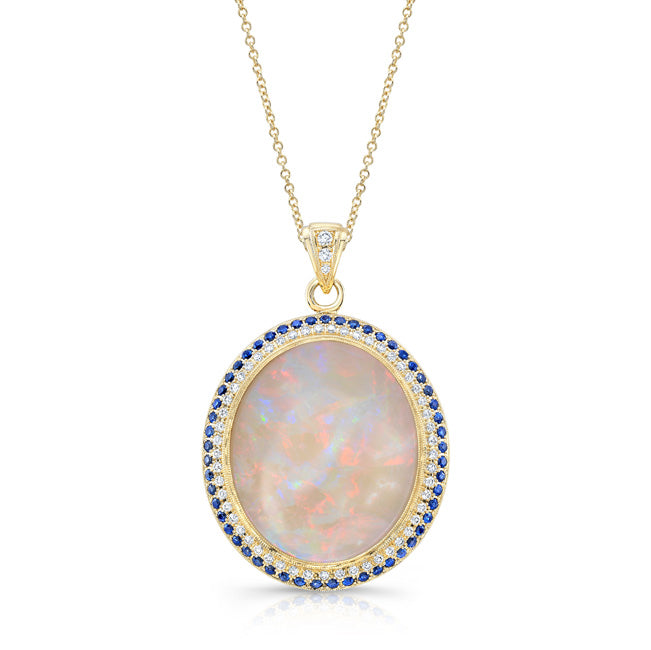 Custom Design Round Pendant with Blue Sapphire Halo