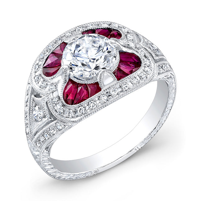 Antique Inspired Diamond and Custom Cut Ruby Engagement Ring by Jolie Designs