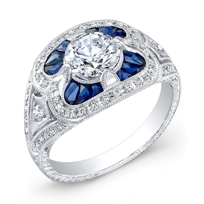 Antique Inspired Diamond and Custom Cut Blue Sapphire Engagement Ring by Jolie Designs