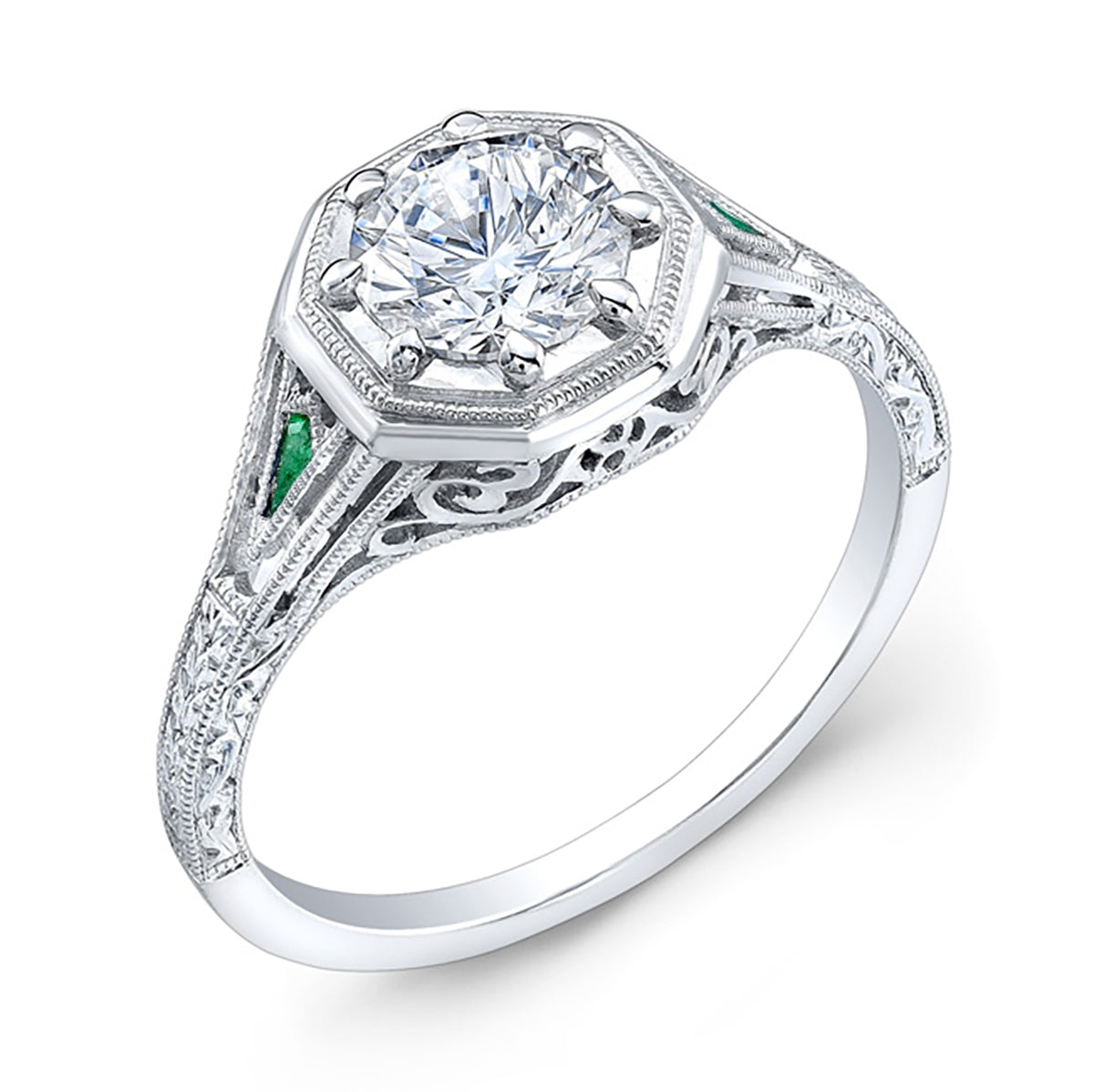 Antique Style Hand Engraved Ring with Emerald Kites by Jolie Designs