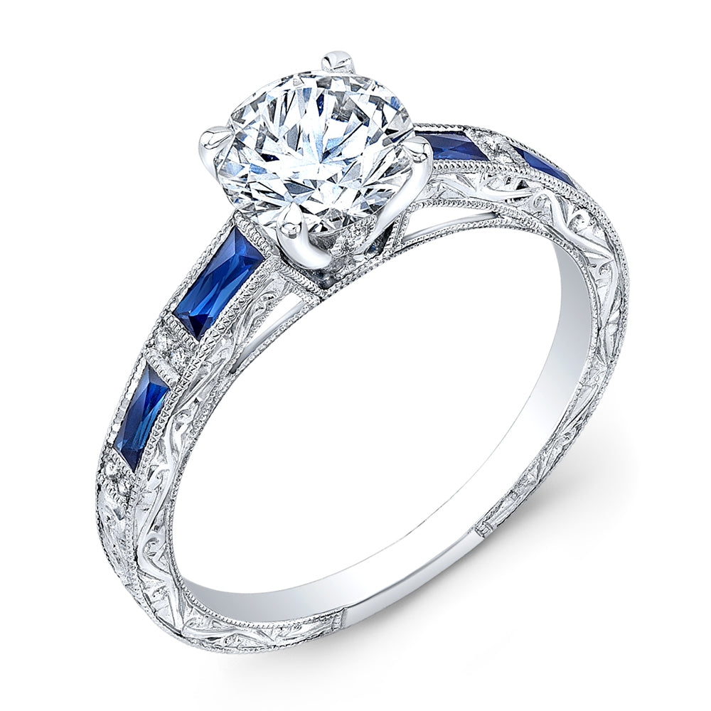 Hand Engraved Custom Baguette Blue Sapphire and Diamond Stackable Ring by Jolie Designs