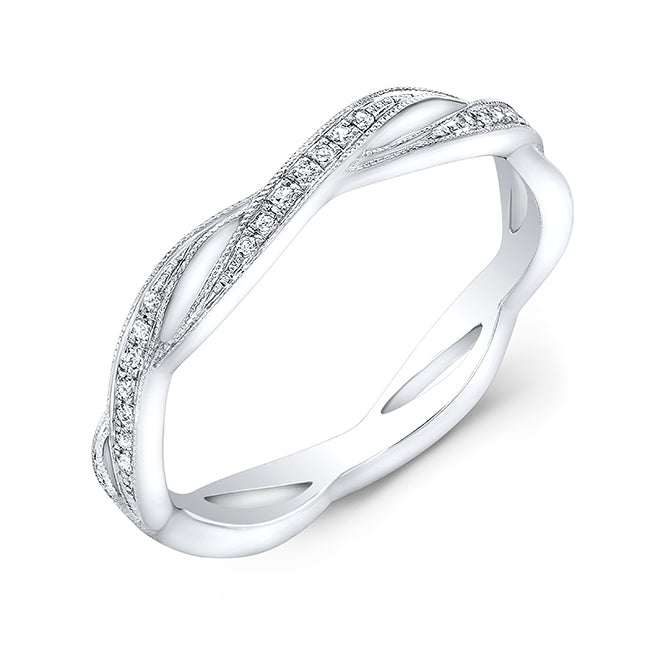 White Gold Diamond Twist Stackable Millgrain Wedding Ring by Jolie Designs
