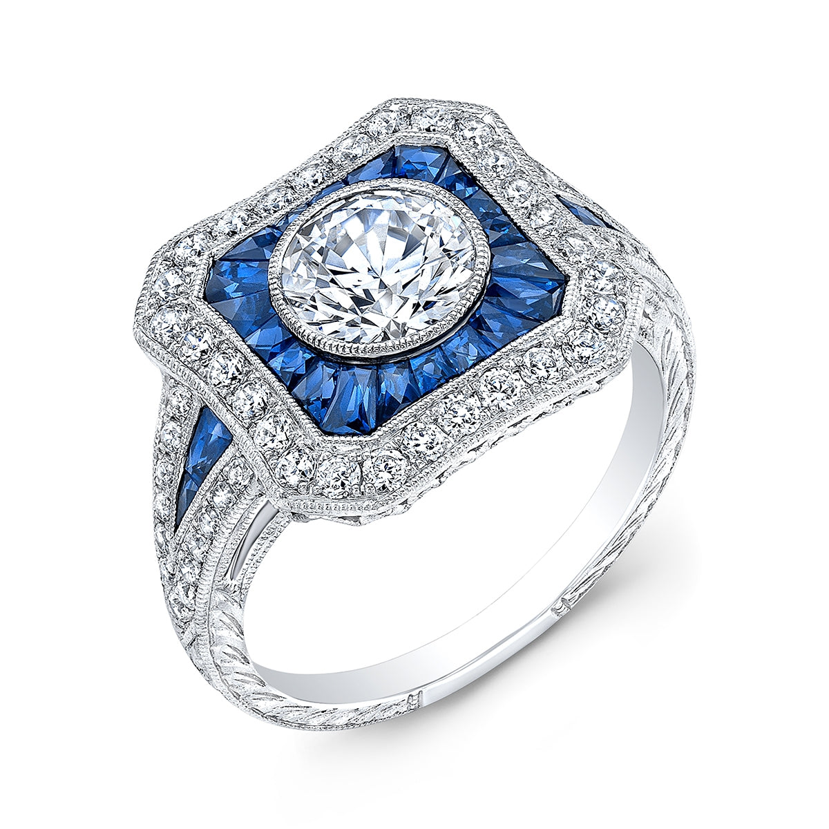 Hand Engraved Diamond and Blue Sapphire Bezel Set Ring by Jolie Designs