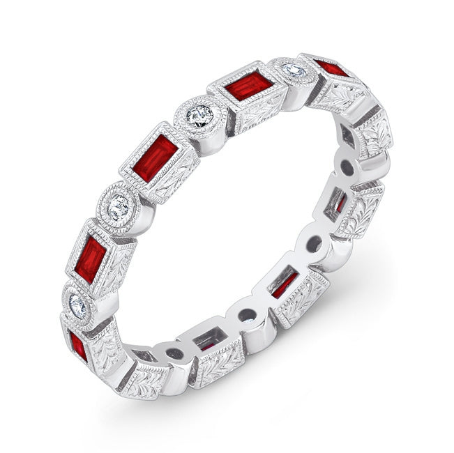 Hand Engraved Ruby and Diamond Millgrain Ring by Jolie Designs