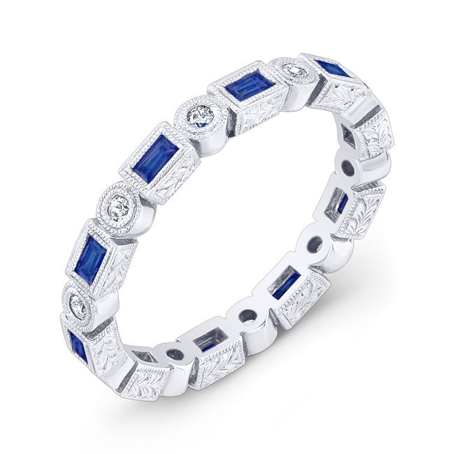 Hand Engraved Blue Sapphire and Diamond Ring by Jolie Designs