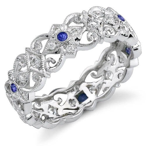Mill Grained Diamond and Blue Sapphire Stackable Eternity Ring in 18k White Gold by Jolie Designs