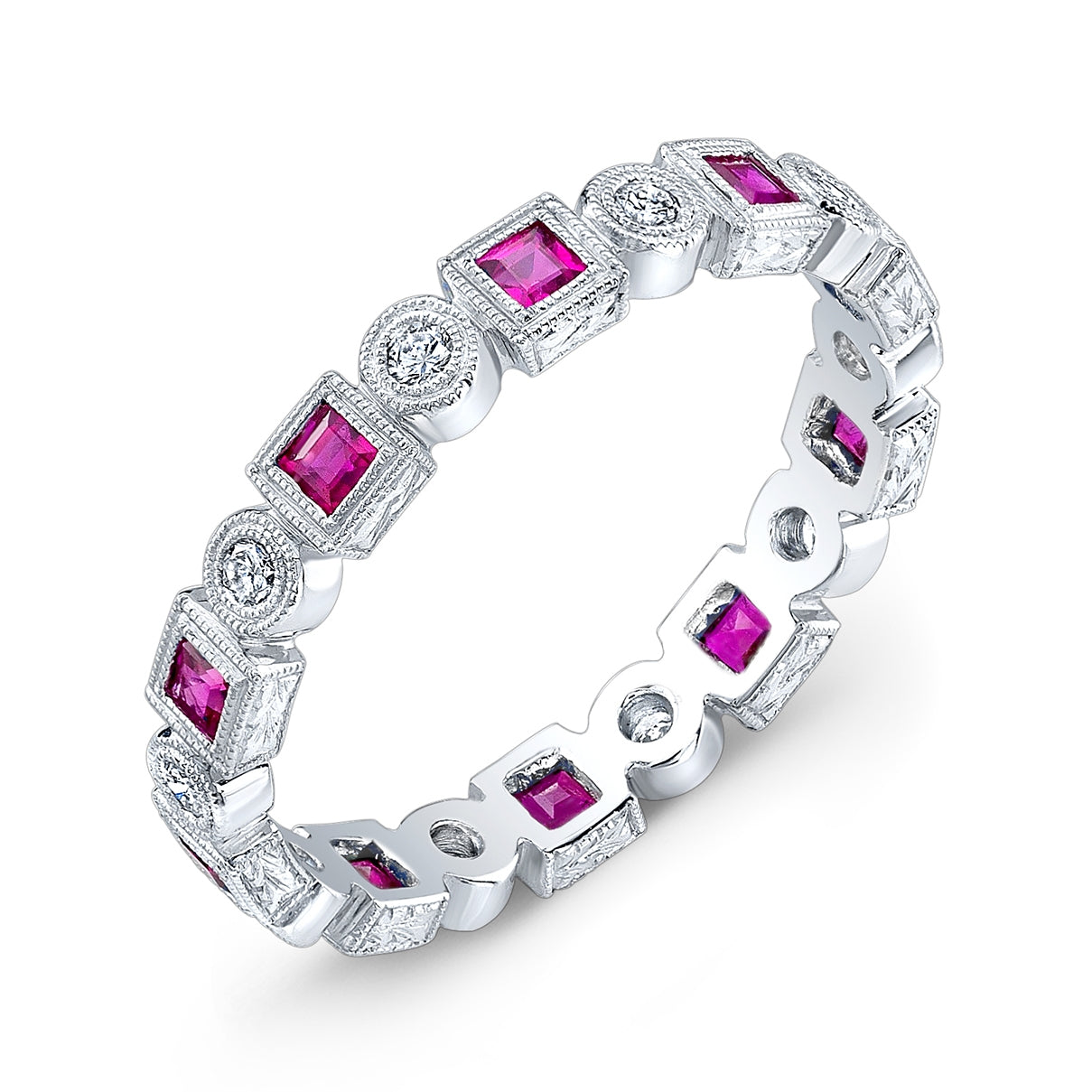 Engraved Square Ruby and Bezel Set Diamond Ring by Jolie Designs