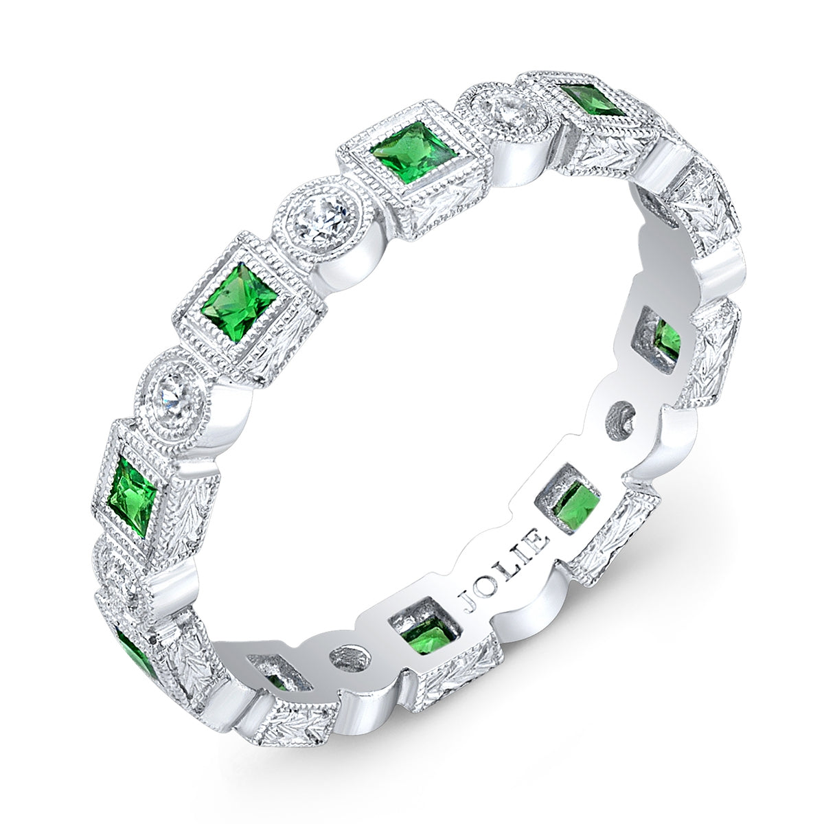 Engraved Bezel Set Square Tsavorite and Diamond Ring by Jolie Designs