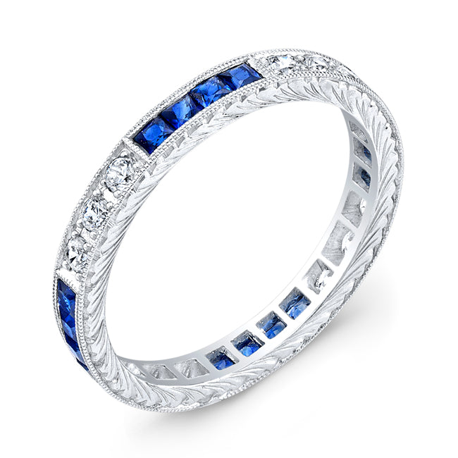 Art Nouveau Hand Carved Blue Sapphire and Diamond Ring by Jolie Designs