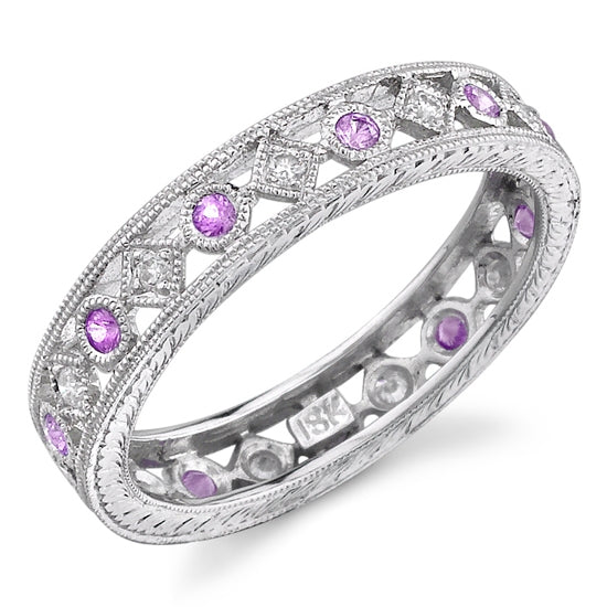 Lace Engraved and Mill Grained Stackable Diamond and Pink Sapphire Ring by Jolie Designs