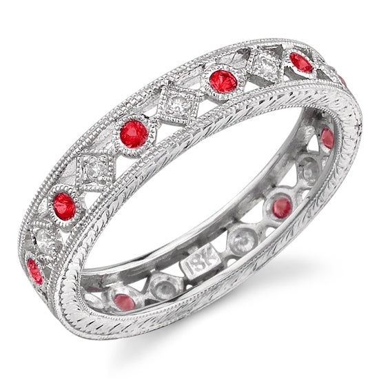 Lace Like Engraved Stackable Diamond and Ruby Ring by Jolie Designs