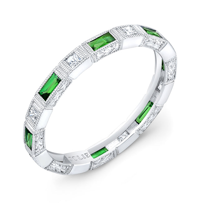 Hand Engraved Baguette Tsavorite and Princess Cut Diamond Ring by Jolie Designs