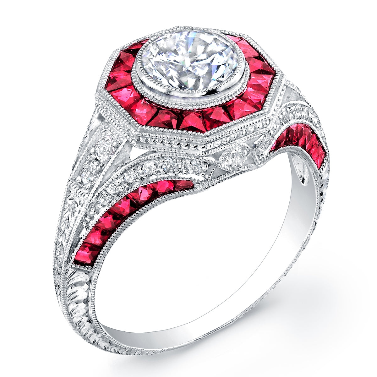 Jolie Designs Custom Cut Ruby and Diamond Bezel Set Engagement Ring - R153DR65A