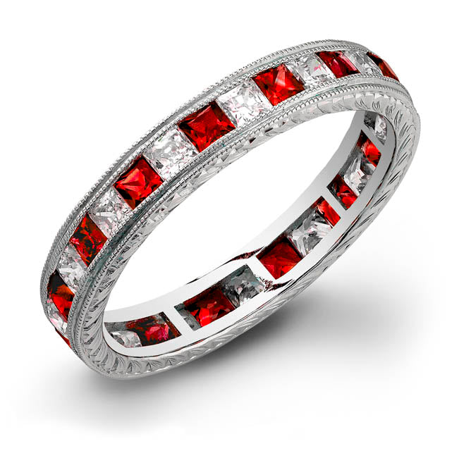 Hand Engraved Princess Cut Ruby and Diamond Channel Set Stackable Ring by Jolie Designs
