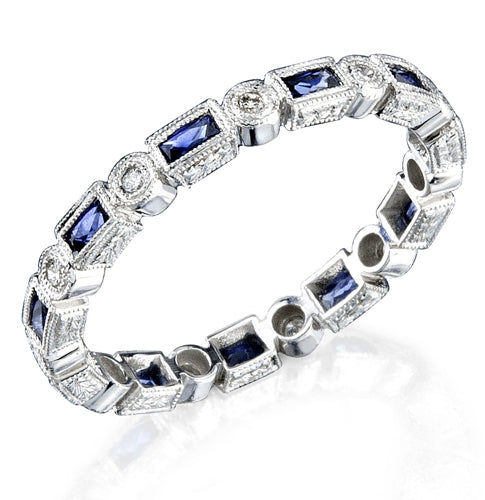 Hand Engraved Blue Sapphire and Diamond Stackable Ring by Jolie Designs
