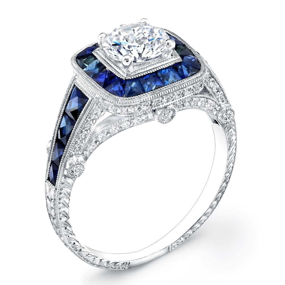 Custom Cut Blue Sapphire and Diamond Semi Mount Engagement Ring for 1 Carat Center by Jolie Designs