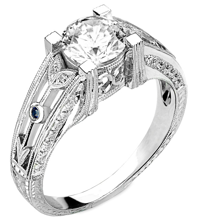 Diamond Engagement Ring Semi Mount with Blue Sapphire Accents by Jolie Designs