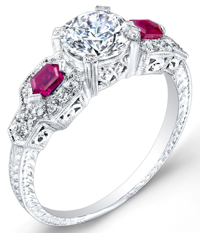 Antique Style Hand Engraved Diamond and Ruby Engagement Ring by Jolie Designs