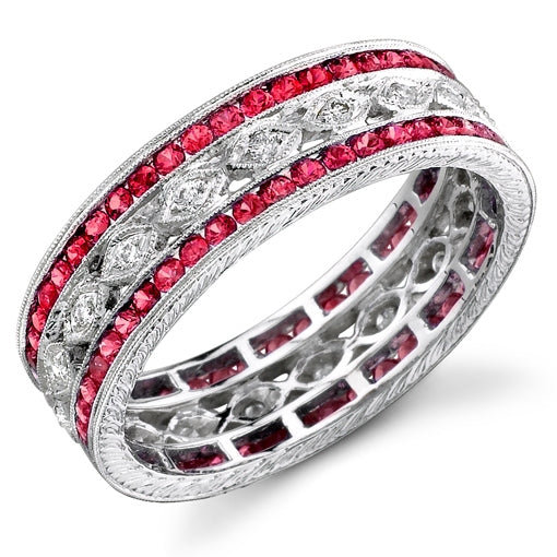 Hand Engraved Diamond and Ruby Ring with Milgrain Detail by Jolie Designs