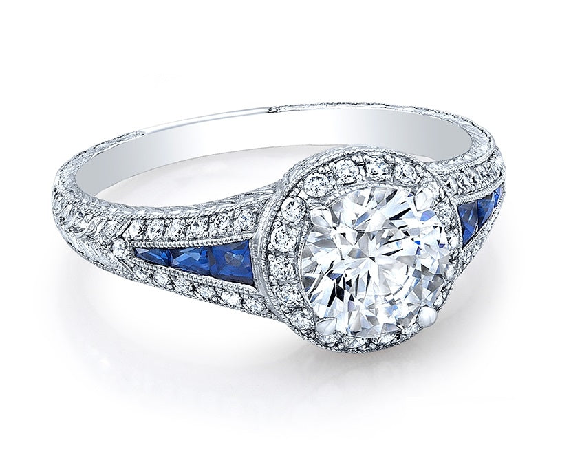 Engraved Antique Style Diamond and Blue Sapphire Halo Engagement Ring by Jolie Designs