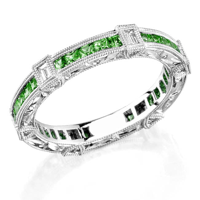Art Nuevo Hand Carved Tsavorite and Baguette Diamond Masterpiece by Jolie Designs