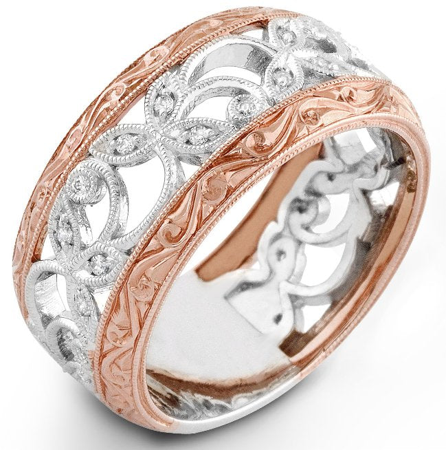 Pave Diamond White Gold Ring with Rose Engraved Highlights by Jolie Designs